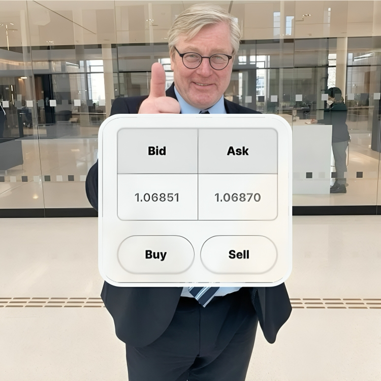 Man trading on a mobile device, displaying a buy and sell interface with bid and ask prices.